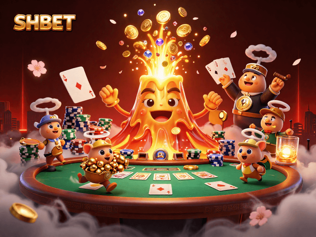 SHBET features a triumphant volcano amidst treasure, poker elements, and dynamic casino action.
