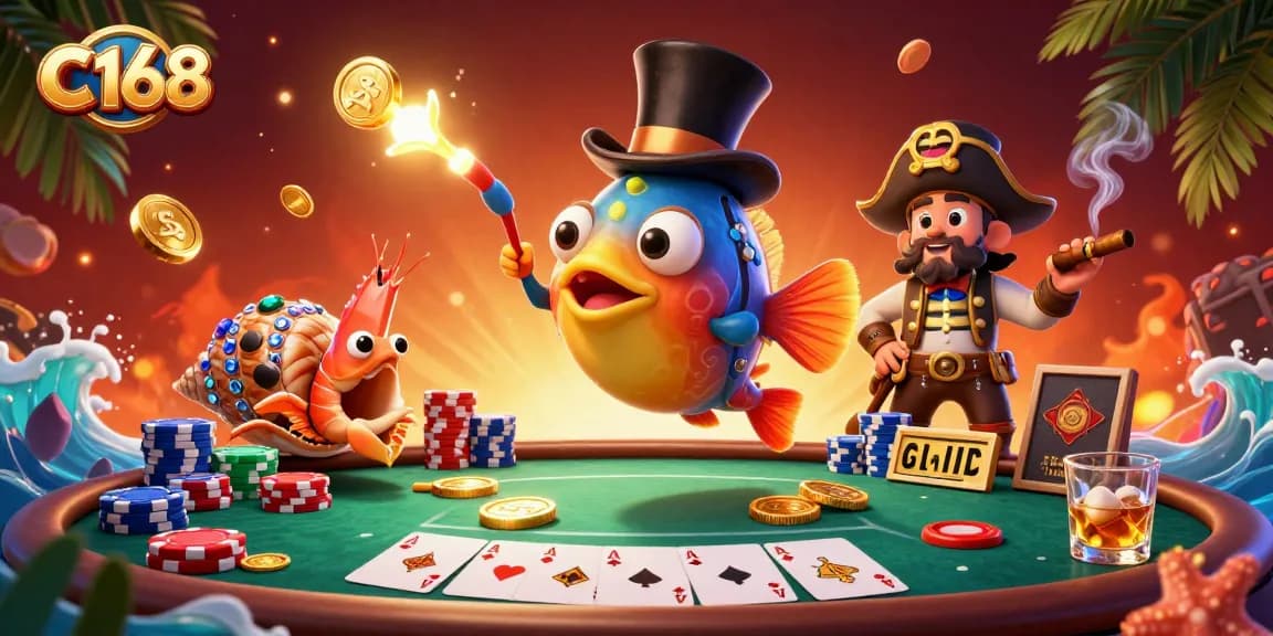 Engage with the thrilling world of C168, featuring vibrant casino elements and lively characters.