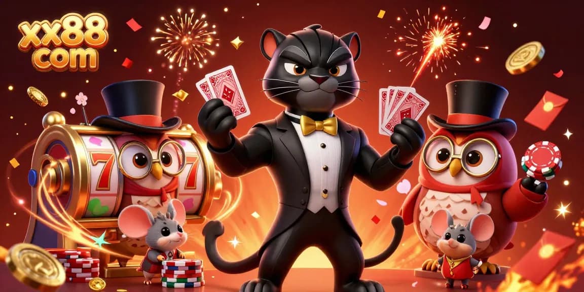 Experience xx88 com excitement with a 3D illustration of a stylish panther dealing cards at a casino.