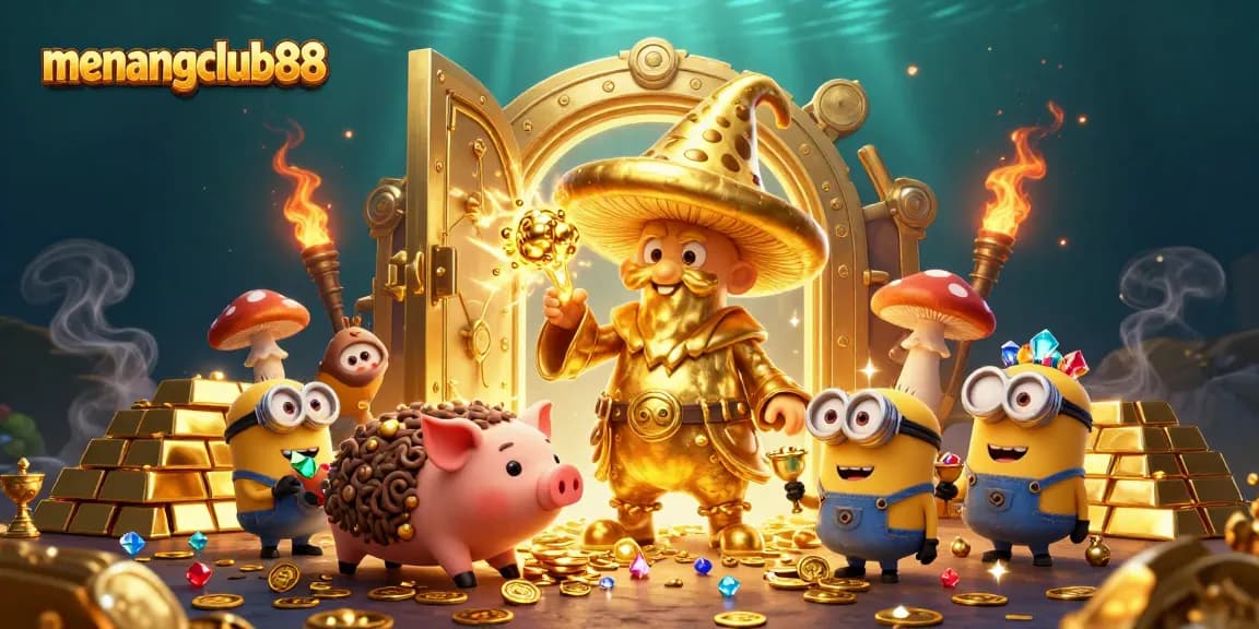 Experience the excitement of menangclub88 with a wizard and golden treasures in this vibrant 3D scene.