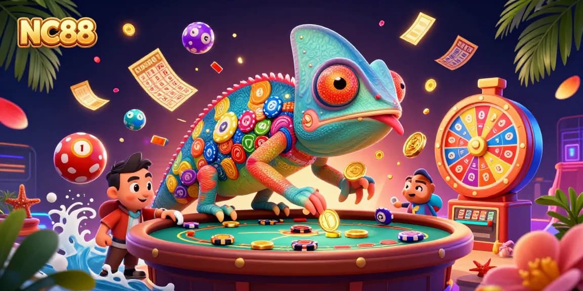 Experience the thrilling world of NC88 with a colorful casino scene featuring dynamic lottery elements.