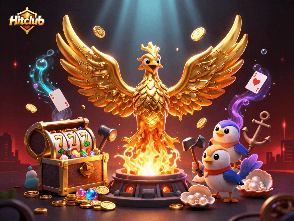 Hitclub showcases a molten phoenix and sparrow assistants amidst a vibrant casino scene.