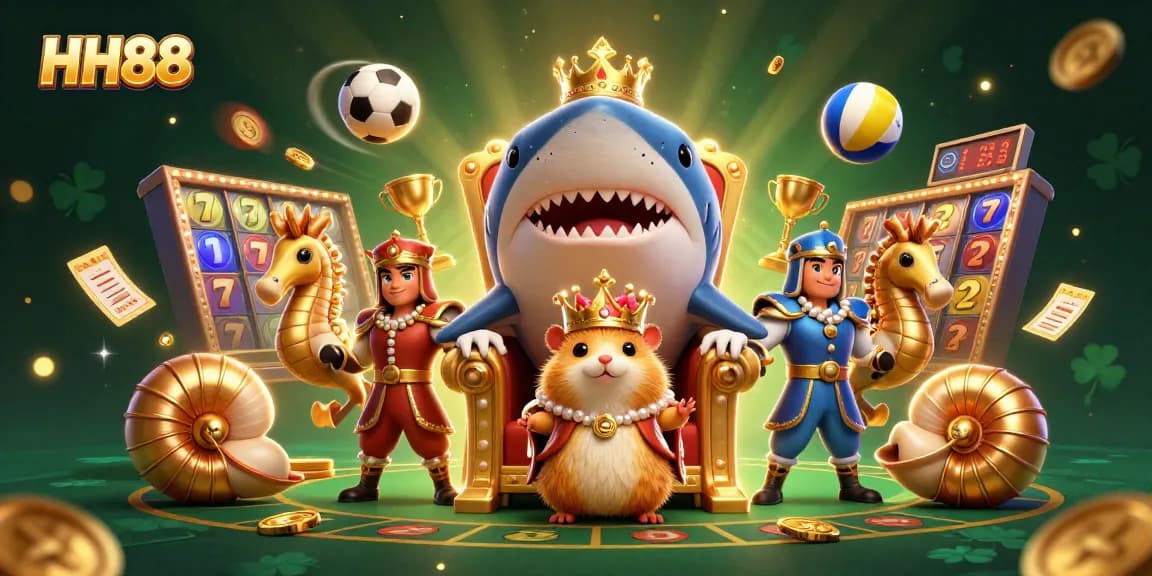 Experience thrilling gaming at HH88 with an imaginative scene featuring a hamster king and diverse casino elements.