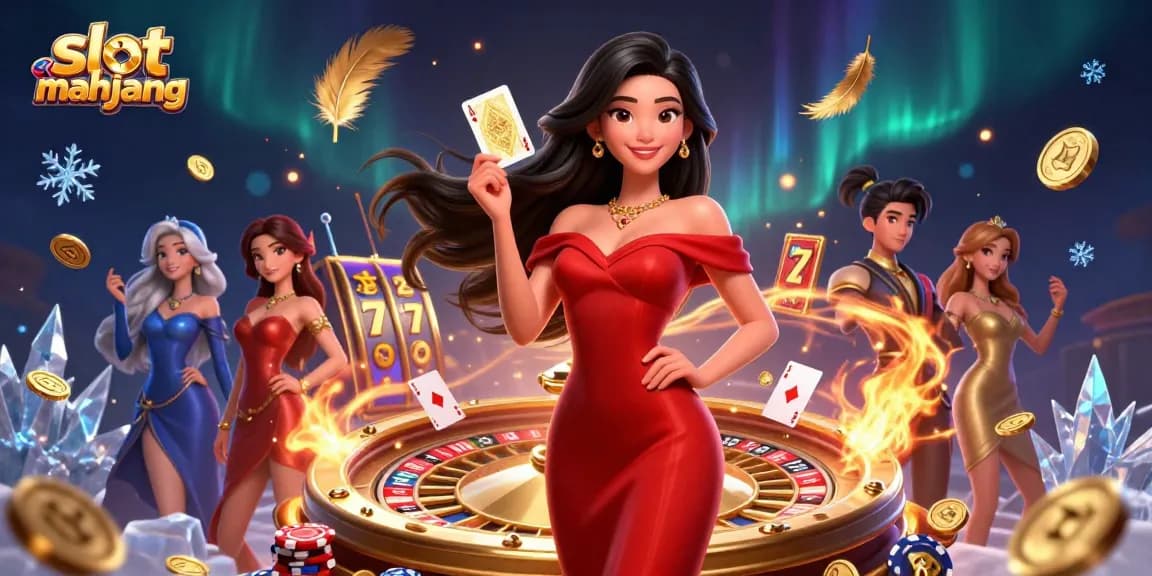Engage with the dynamic slot gacor mahjong scene showcasing a stunning Asian woman, roulette wheel, and playing cards.