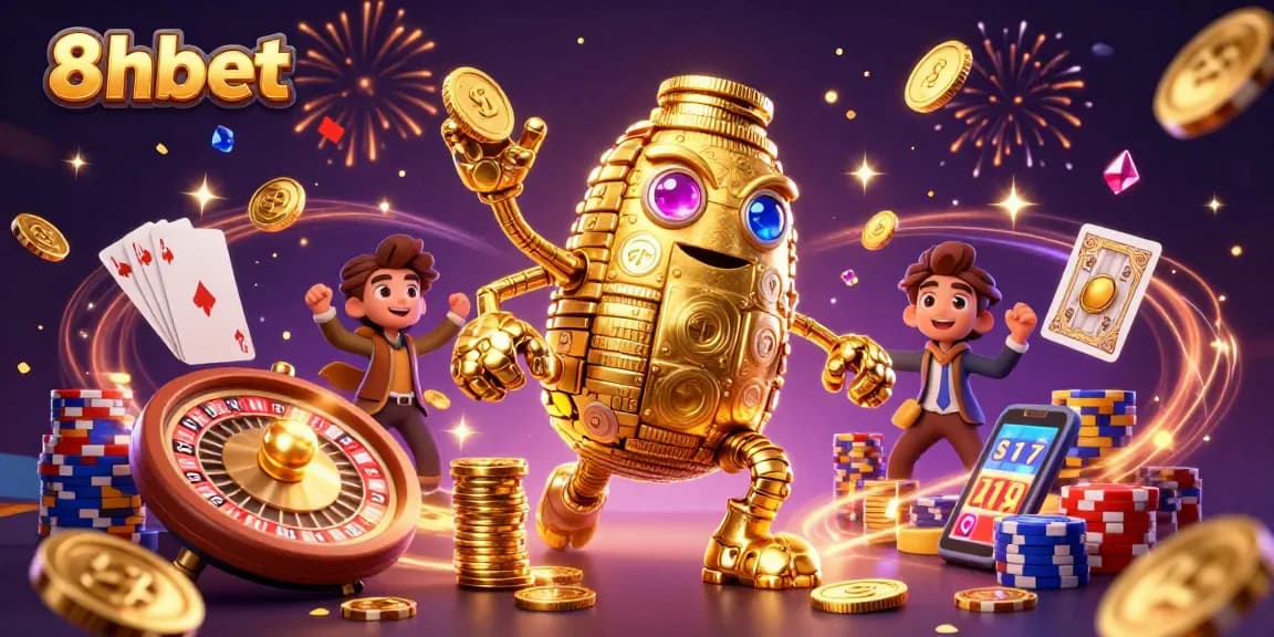 Experience the thrill of 8xbet with dynamic casino elements like golden golems and slot machines.