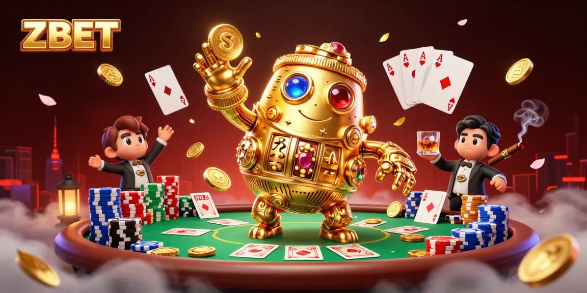 ZBET shines as a vibrant golden golem amidst a lively poker scene filled with colorful chips and cards.