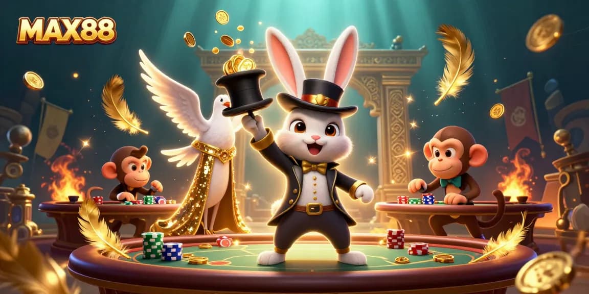 Experience vibrant casino excitement with MAX88 - a cartoon magician and playful characters.