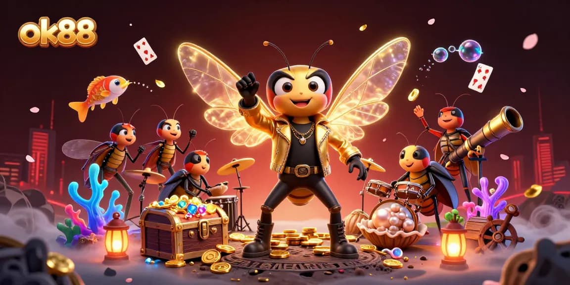 Immerse in ok88's vibrant casino world with rock star cicada and treasure elements.