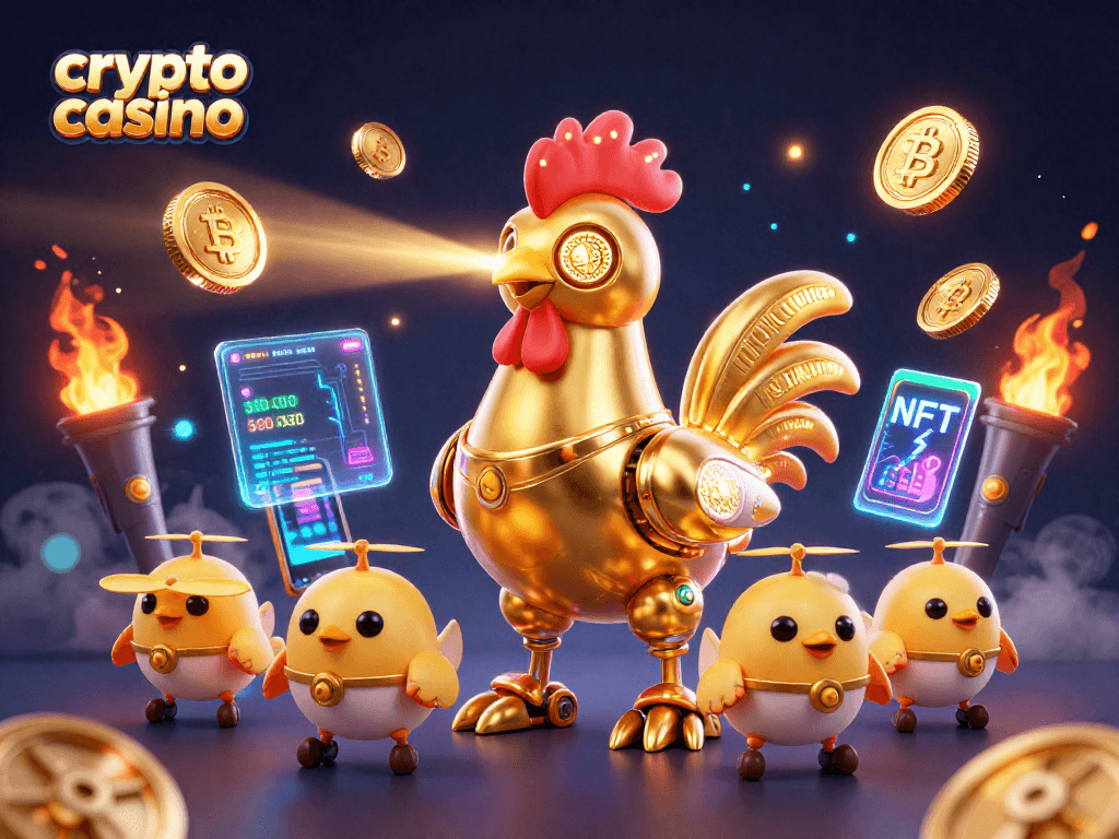 Engage in thrilling games at the crypto casino with a futuristic golden rooster robot and baby chick drones.