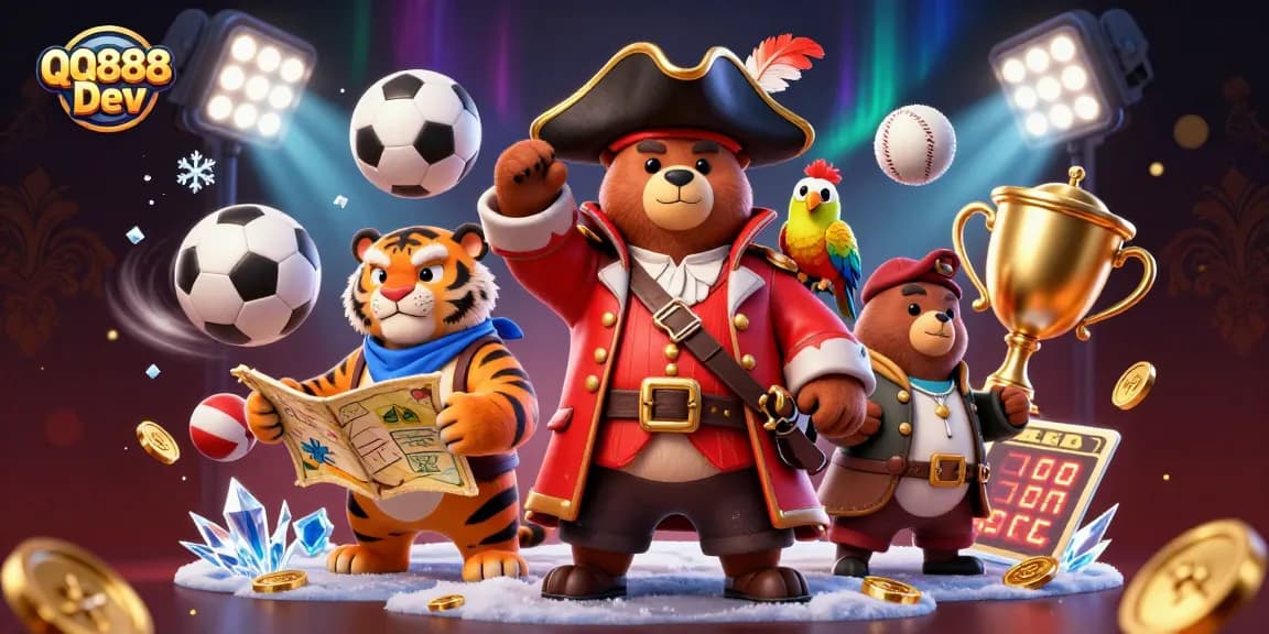 Engaging scene showcasing QQ888 Dev with a cartoon pirate captain bear, fierce tiger, and golden parrot among dynamic sports betting elements.