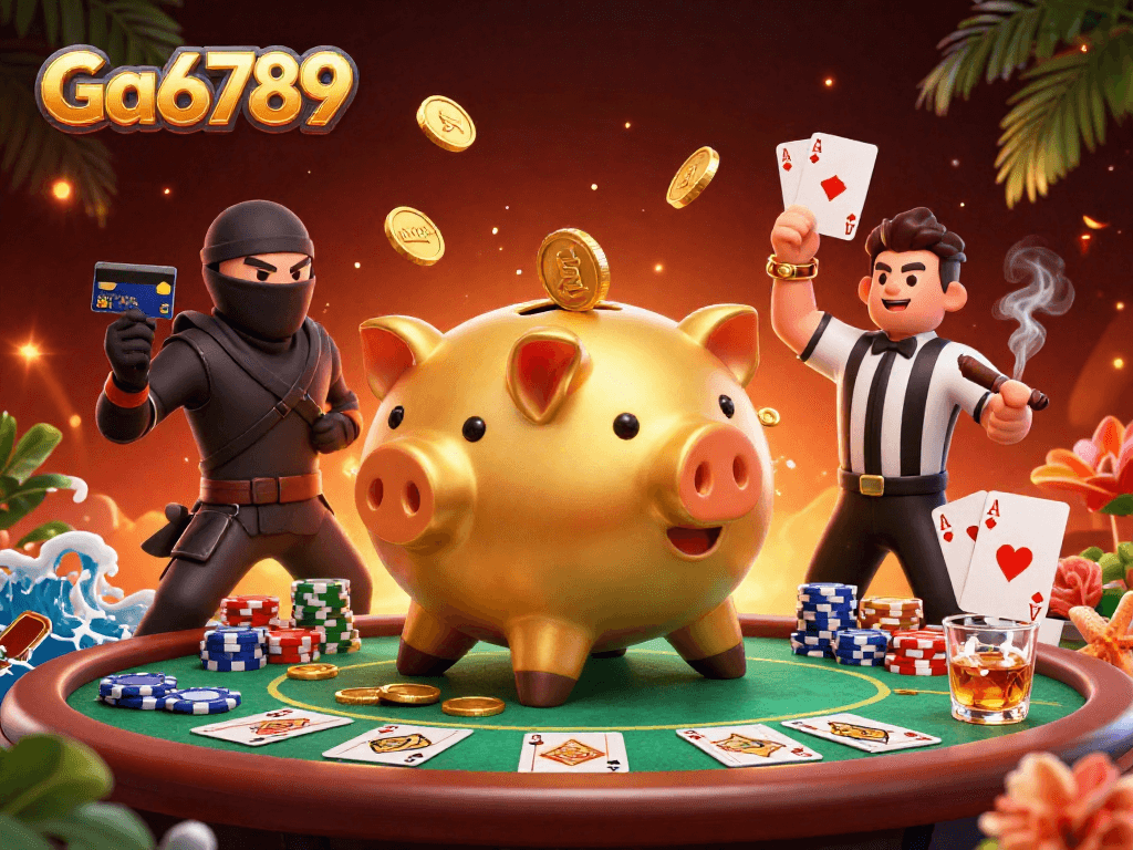 Engage with Ga6789 as the golden piggy bank sumo wrestler unleashes a thrilling poker showdown.