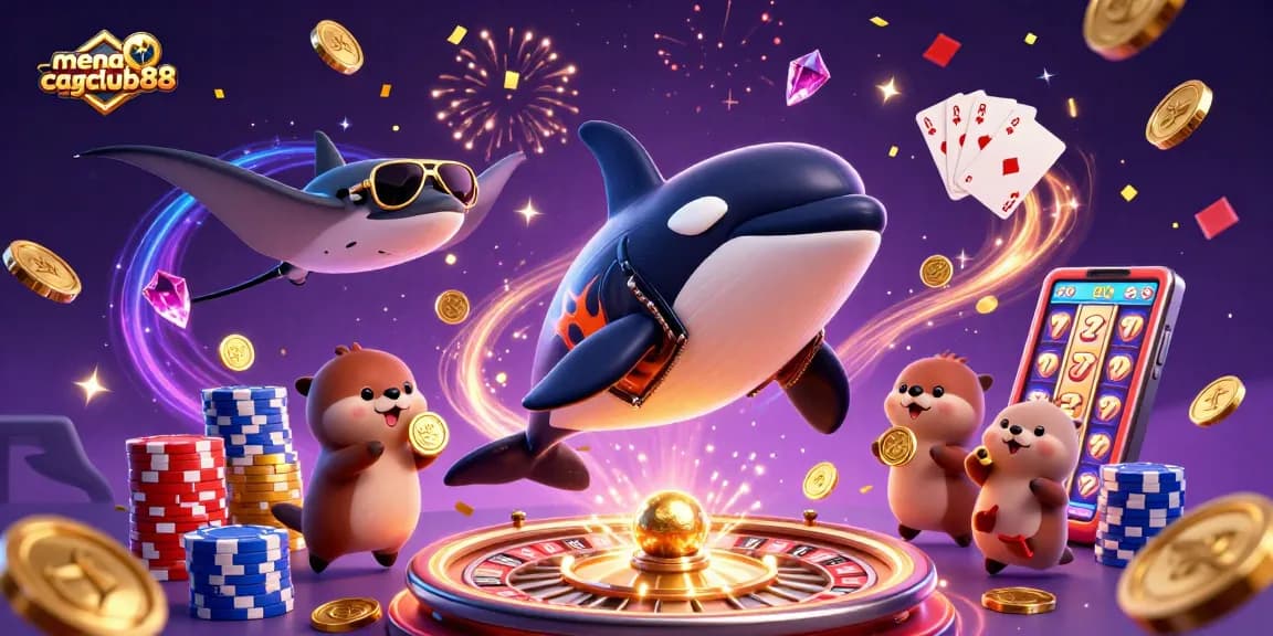Experience exhilarating wins with menangclub88, featuring playful cartoon orca, stingray, and otters amid golden coins.