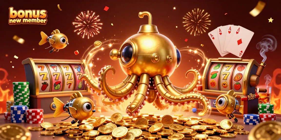 Experience the thrill of bonus new member promotions with a dynamic casino scene featuring a golden kraken and slot elements.