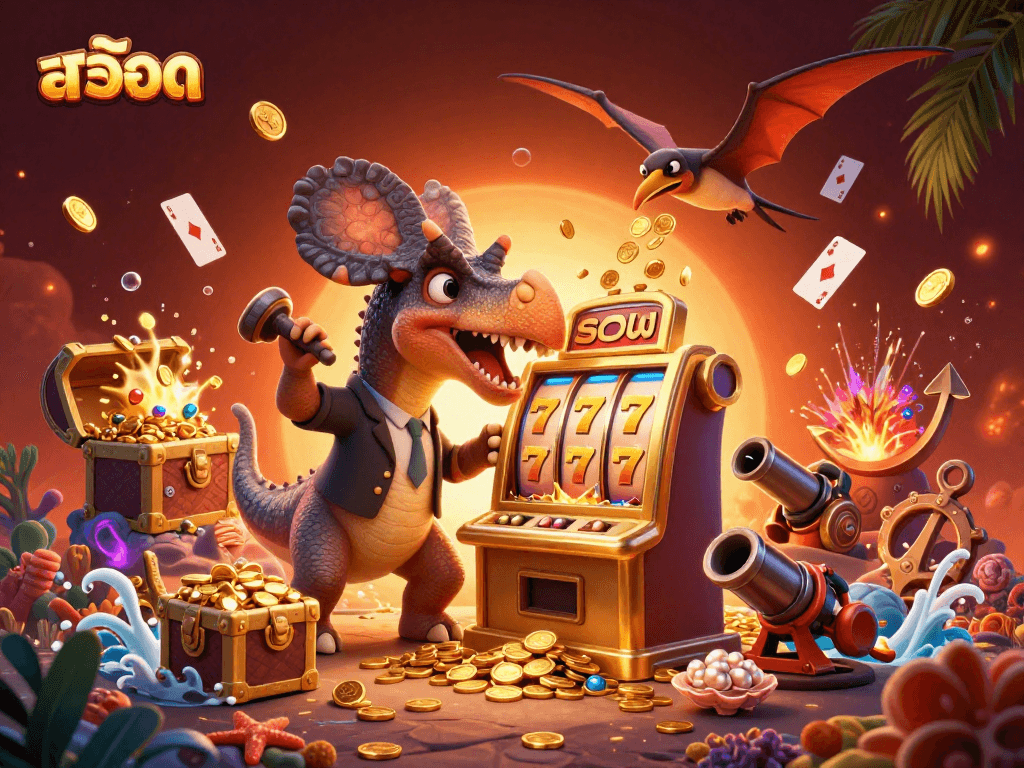 สล็อต jackpot scene with a pachycephalosaurus headbutting a slot machine, coins flying