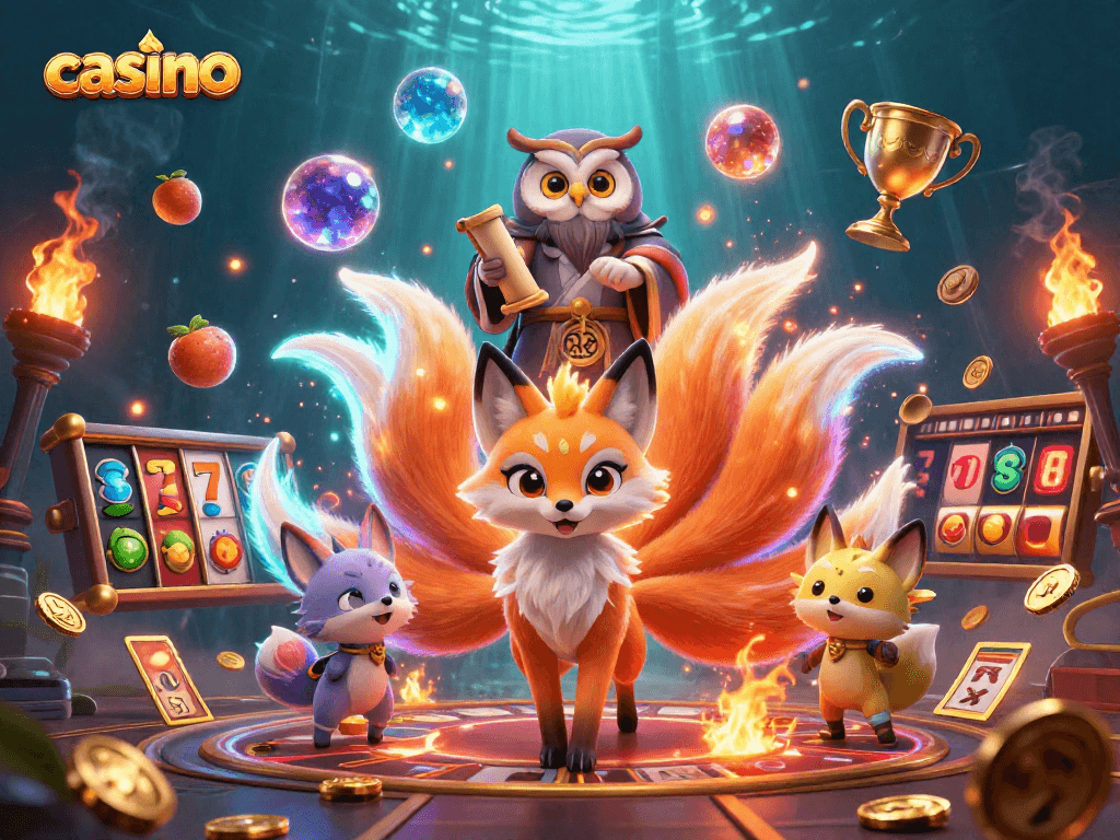 Experience thrilling action at the casino with vibrant slots, jackpots, and colorful characters.