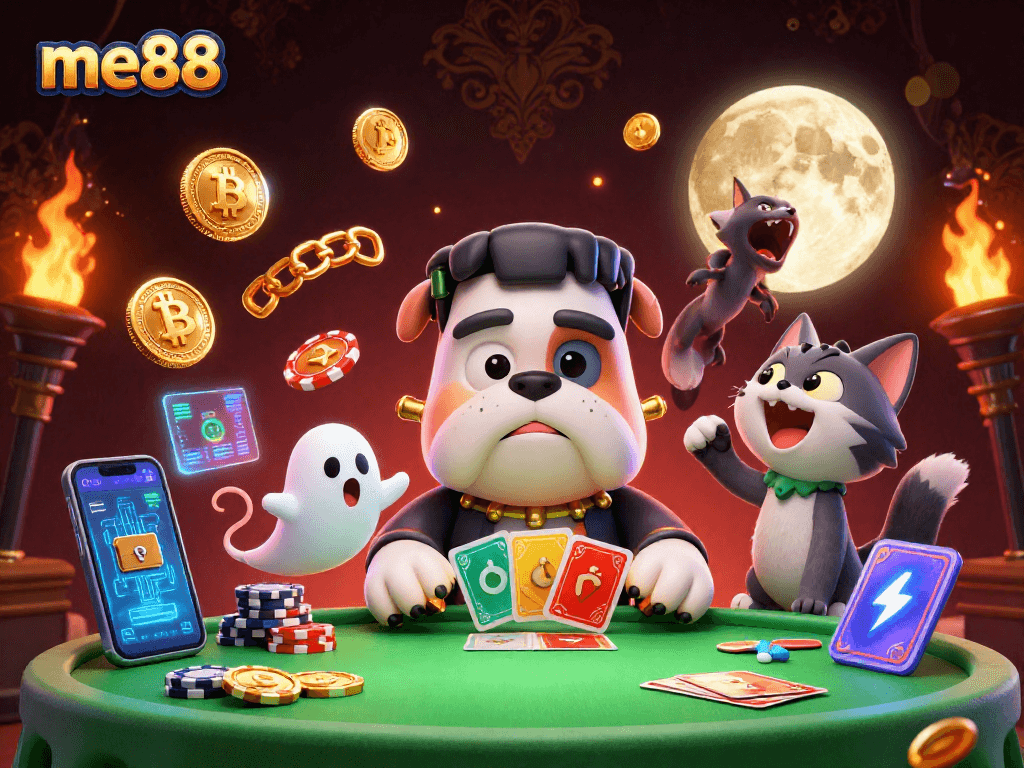 Join the excitement at me88 with unique characters dealing cards in a thrilling crypto gambling atmosphere.