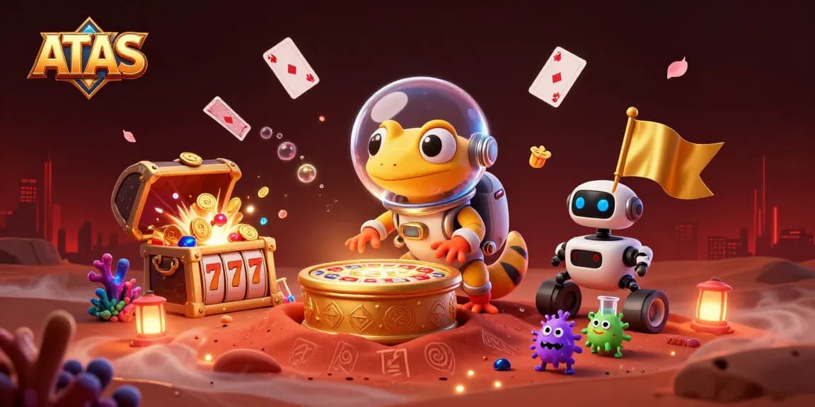 ATAS brings thrilling casino fun with a Martian gecko exploring a golden casino in a vibrant 3D scene.