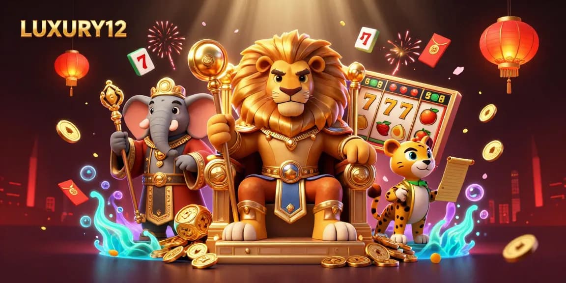 LUXURY12 features an exciting scene with a lion king, elephant advisor, and cheetah messenger amidst vibrant casino elements.