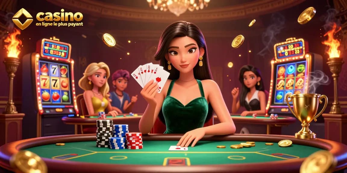 Découvrez le casino en ligne le plus payant avec une belle femme asiatique à une table de poker luxueuse, entourée de machines à sous.