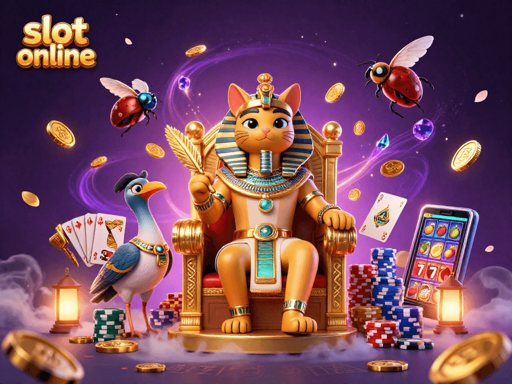 Menang di slot online dengan raja pegua dengan simbol keberuntungan dan koin emas.