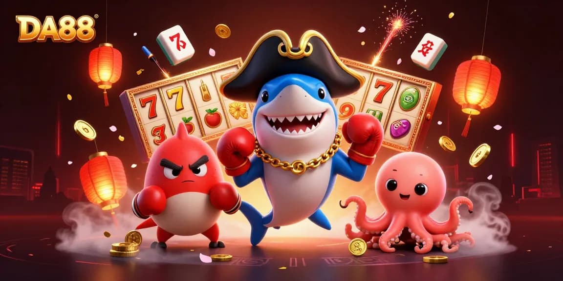 Experience the thrills of DA88 with cartoon pirate shark, pufferfish, and octopus in a vibrant casino scene.