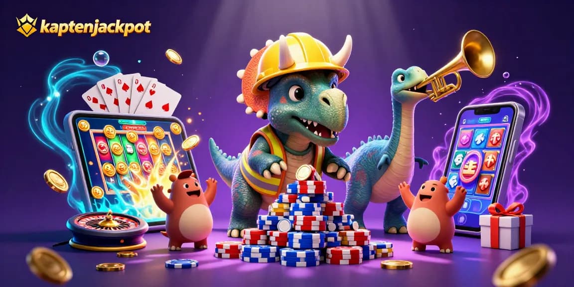 Kaptenjackpot celebrates big wins with a lively casino scene featuring a triceratops and parasaurolophus.