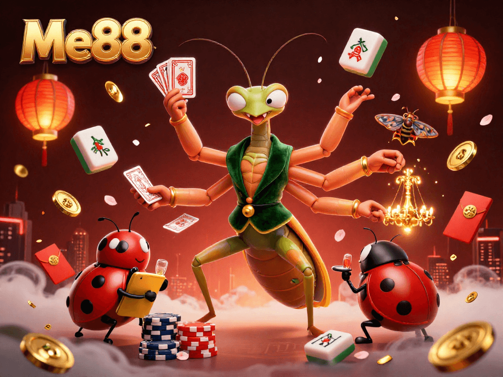 Experience the excitement at Me88 with a vibrant casino scene and dynamic characters.
