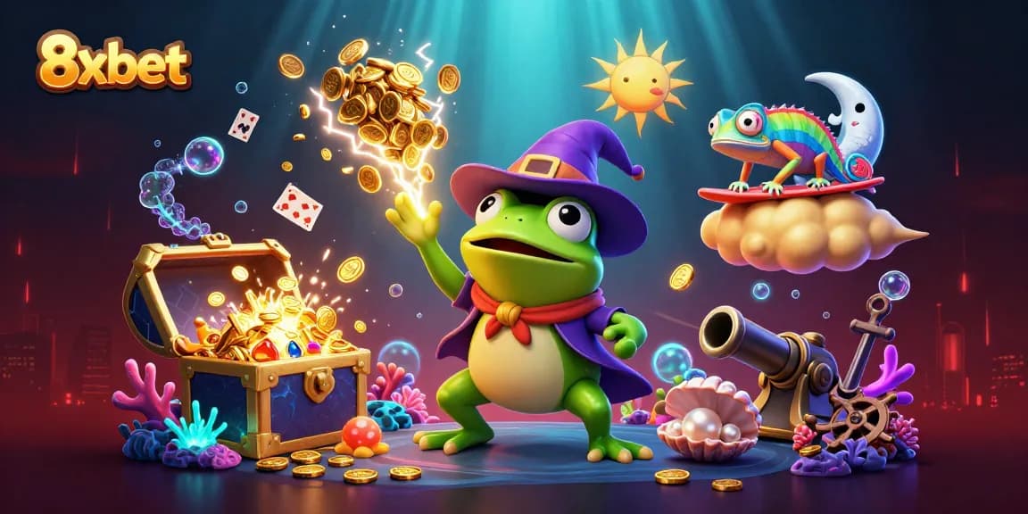 Engage with 8xbet’s thrilling world as the weather wizard frog conjures golden coins amid a vibrant casino scene.