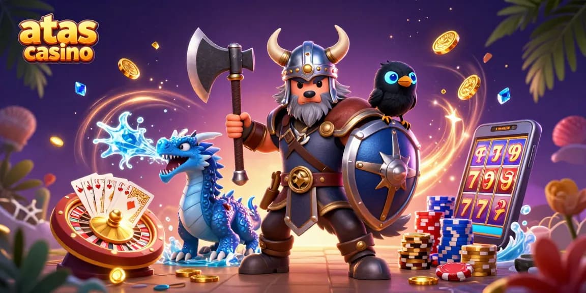 Experience gaming at atas casino with a Viking warrior, fierce dragon, and vibrant casino elements.