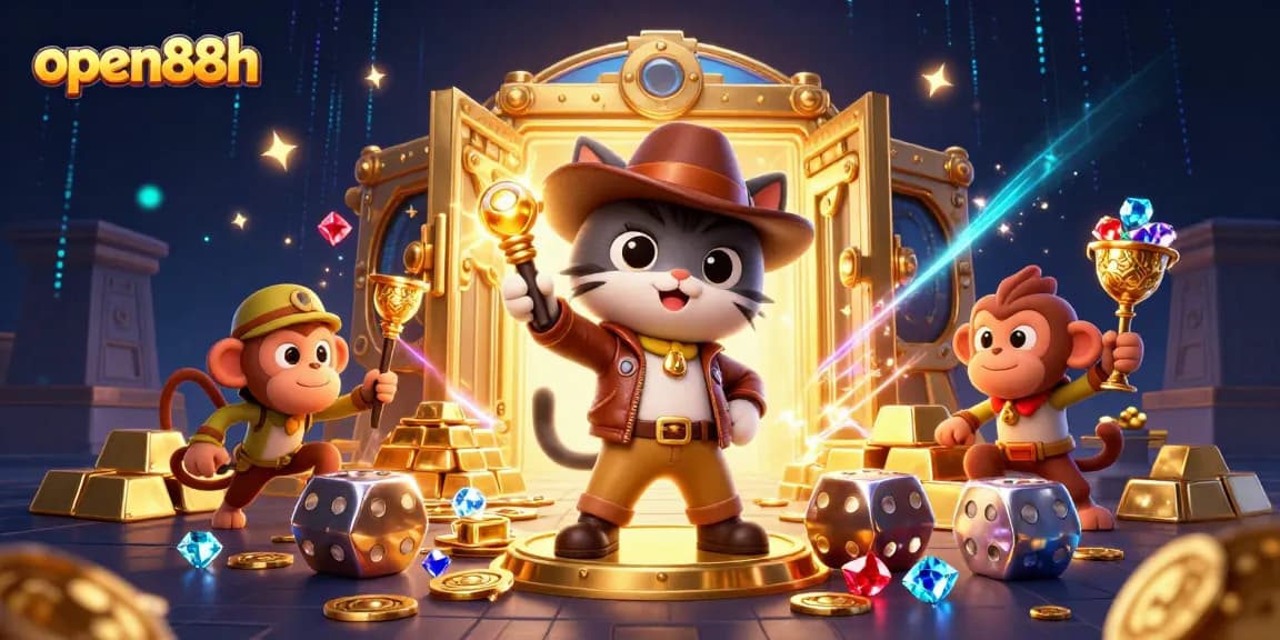 Spin big wins with open88h's vibrant casino adventure featuring treasures and characters.