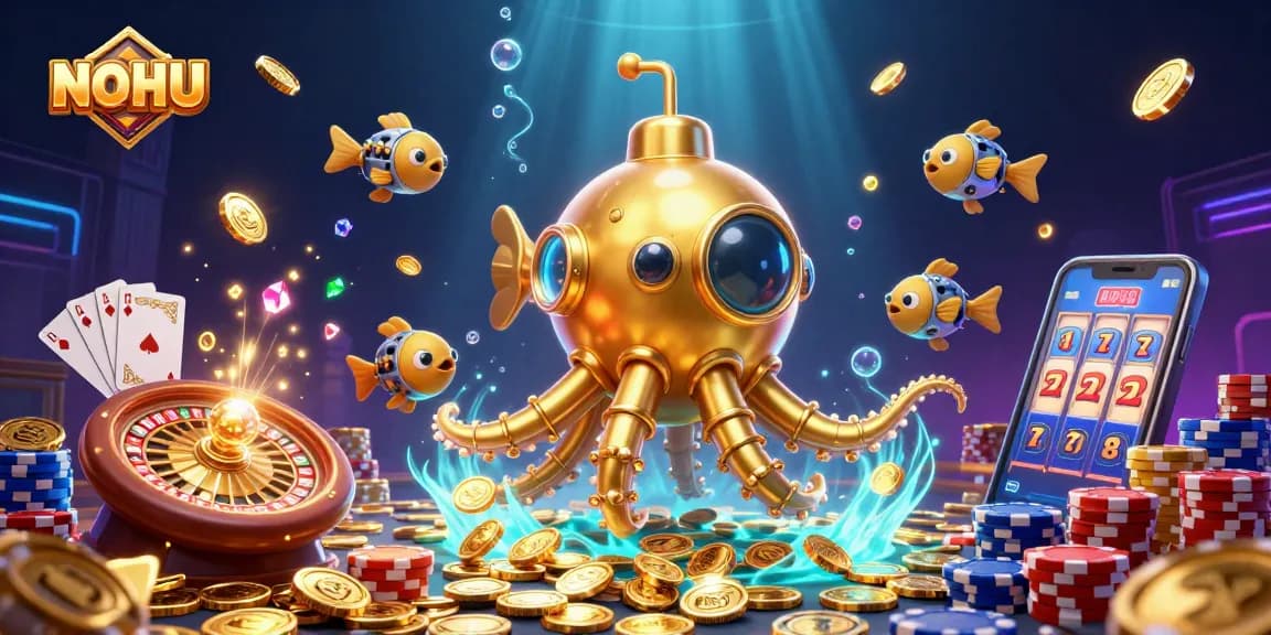Experience thrilling gameplay with NOHU, featuring a golden kraken submarine amidst dazzling casino elements.