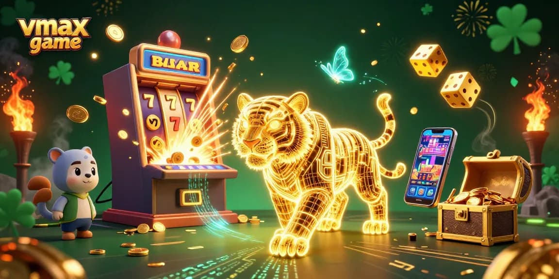 Experience the thrill of vmax game as vibrant characters navigate a digital casino bursting with excitement.