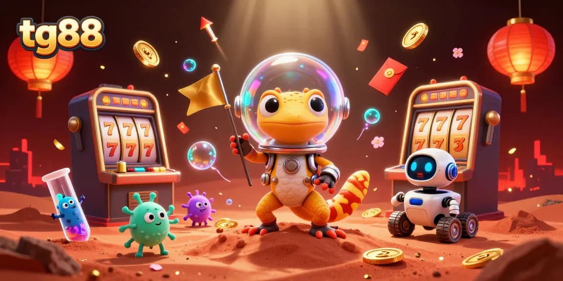 Play exciting slots with tg88 in a rich 3D scene featuring a Martian gecko and vibrant casino elements.