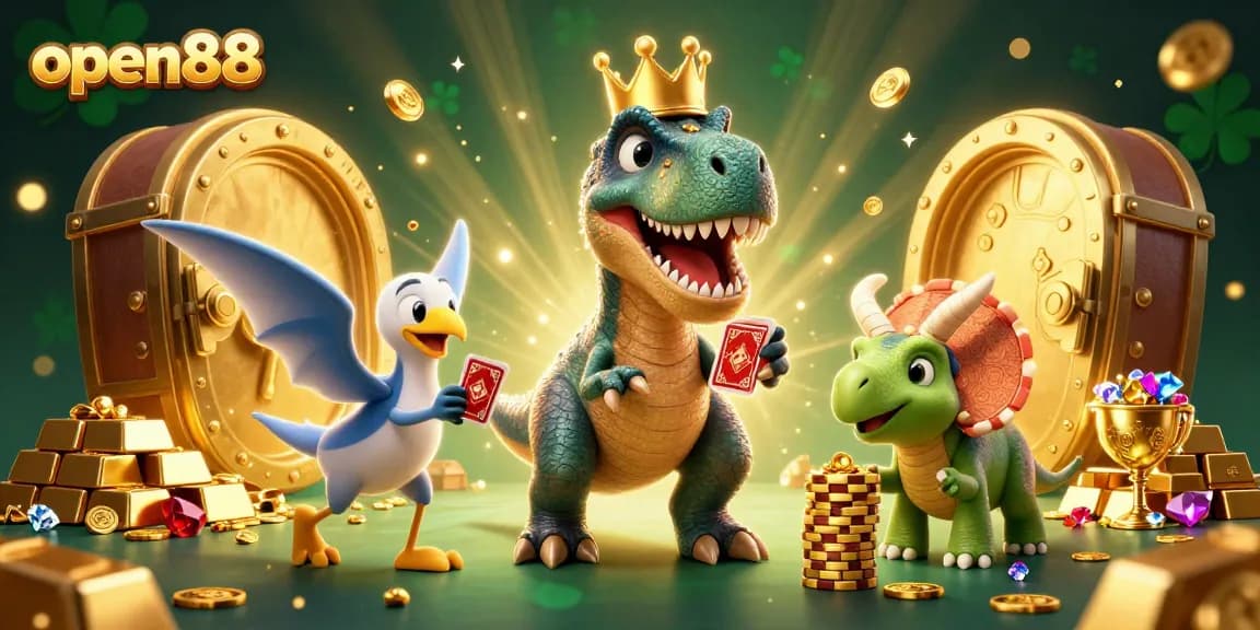 Experience the excitement of open88 with playful dinosaurs engaging in casino fun and treasure surrounded by dazzling gems.