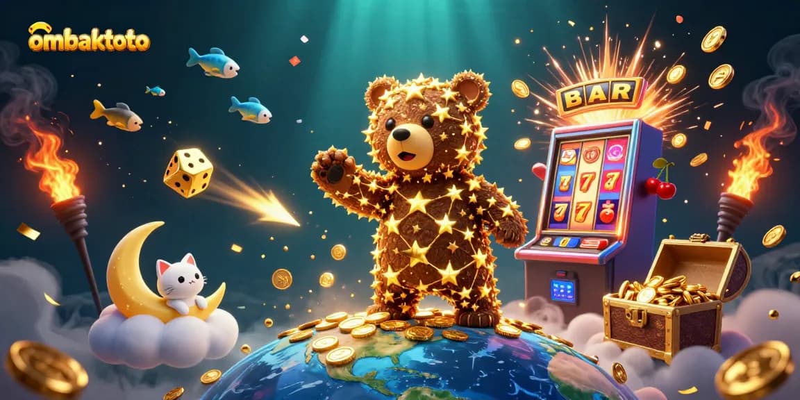Experience excitement at ombaktoto with a vibrant illustration of casino-themed characters and symbols.