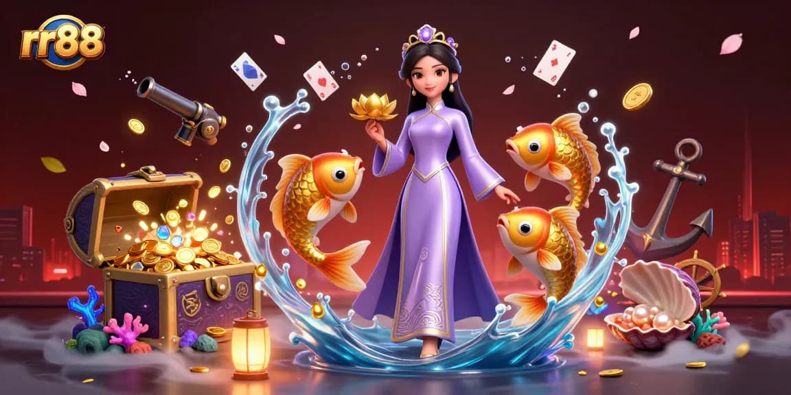 Spin to win with rr88, vibrant casino illustration featuring a graceful woman and golden koi.
