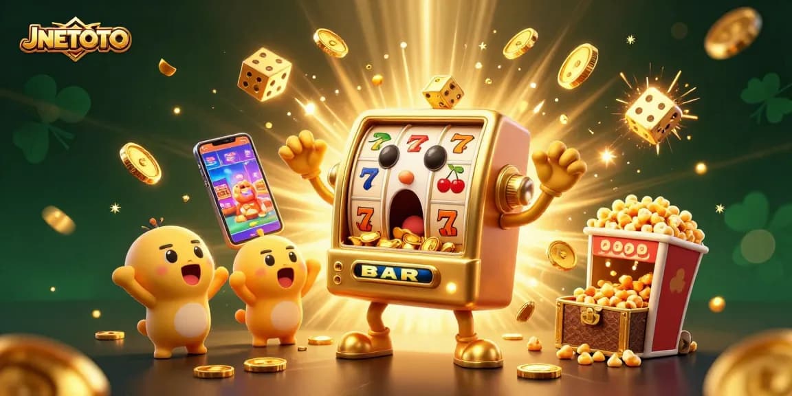 Permainan JNETOTO dengan slot machine emas yang memukau meledak dengan koin.