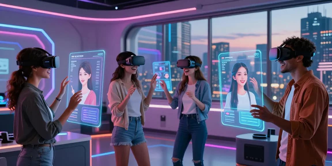 AI girlfriend avatars interacting in an immersive virtual reality environment, showcasing emotion and advanced technology.