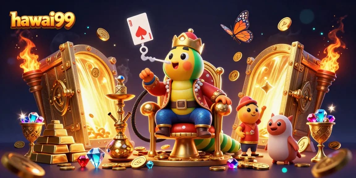 Experience hawai99 with a vibrant scene featuring a hookah-master amid piles of jewels and gold!