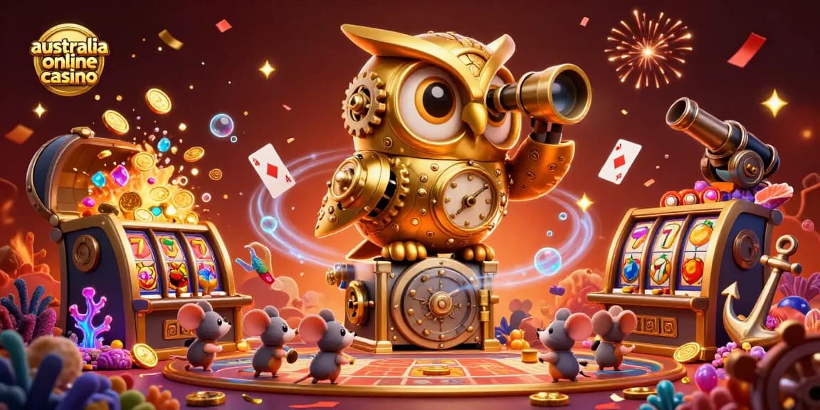 Experience vibrant gameplay at australia online casino with a magical owl watching over gold-filled slot machines.