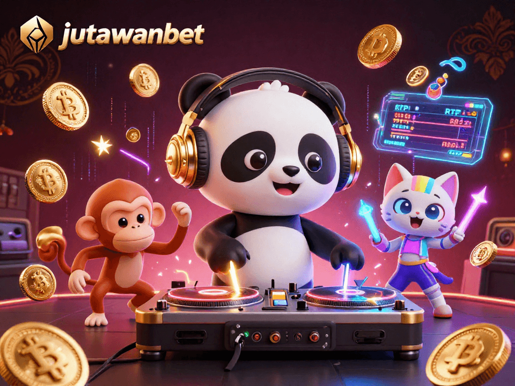 Spin the reels with jutawanbet in this vibrant, action-packed casino scene featuring playful characters.