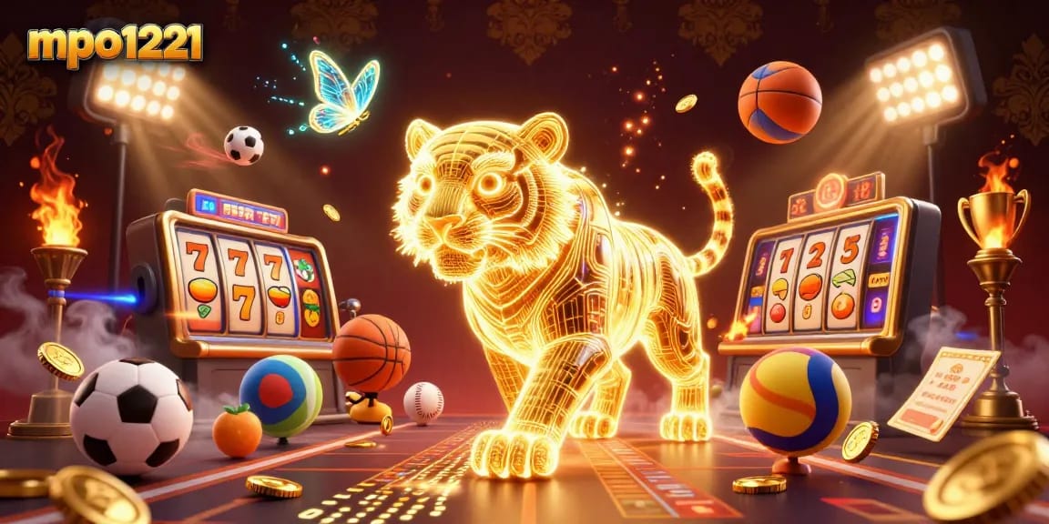 mpo1221 slot online menampilkan harimau emas bercahaya dalam lanskap kasino digital.