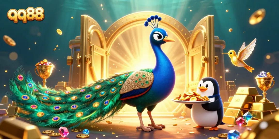 Win big at qq88 with a vibrant 3D casino scene featuring ornate characters and sparkling treasures.