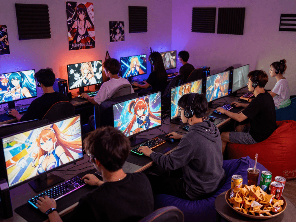 Engaged group enjoying various hentai games in a lively gaming lounge
