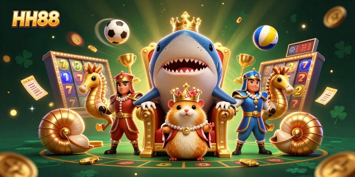 Experience thrilling gaming at HH88 with an imaginative scene featuring a hamster king and diverse casino elements.