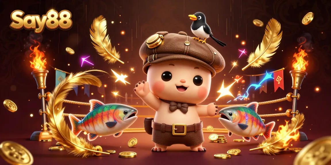 Say88 offers thrilling gameplay in a vibrant 3D casino illustration filled with exciting elements.