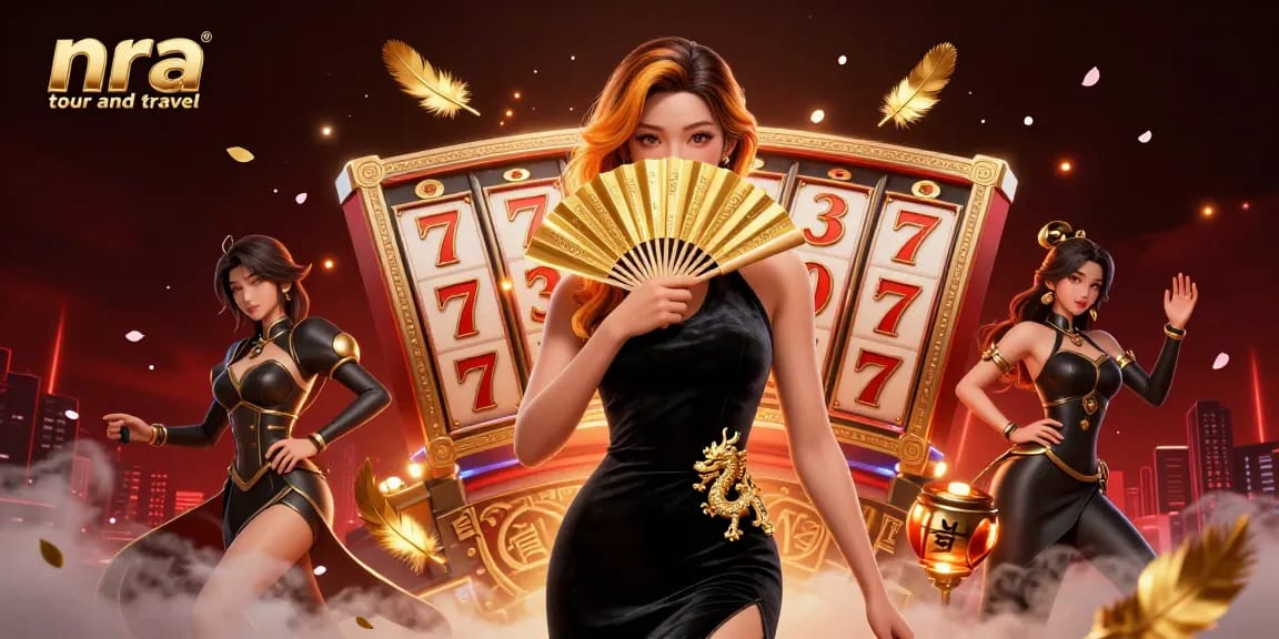 Engaging scene showcasing nra tour and travel with vibrant slot machines, lucky symbols, and an elegant character.