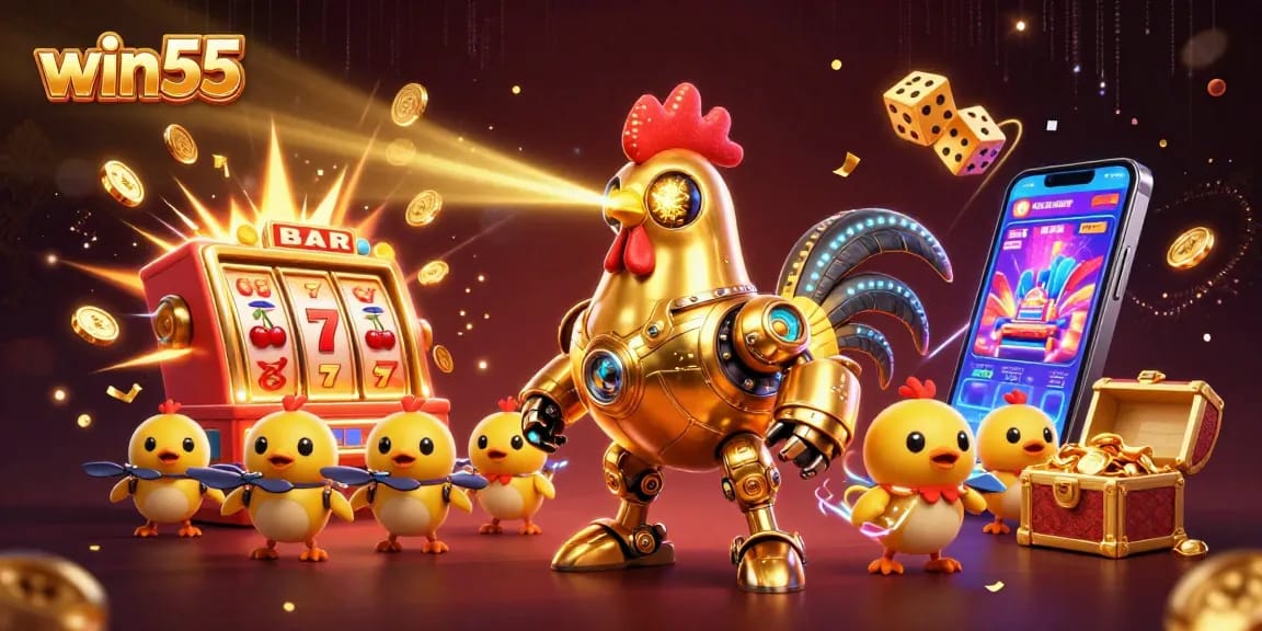 Win55 showcases a vibrant scene of gambling excitement with a golden rooster robot amidst dazzling slot machines and cash.