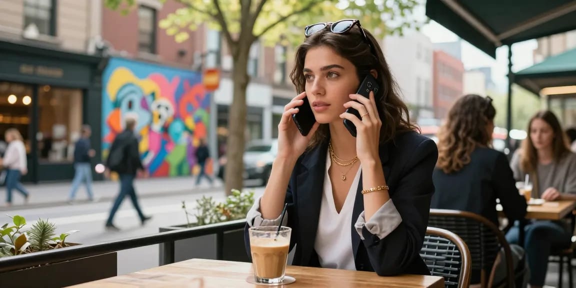 Gái gọi đang trò chuyện trên smartphone tại quán café sang trọng giữa phố phường sôi động.