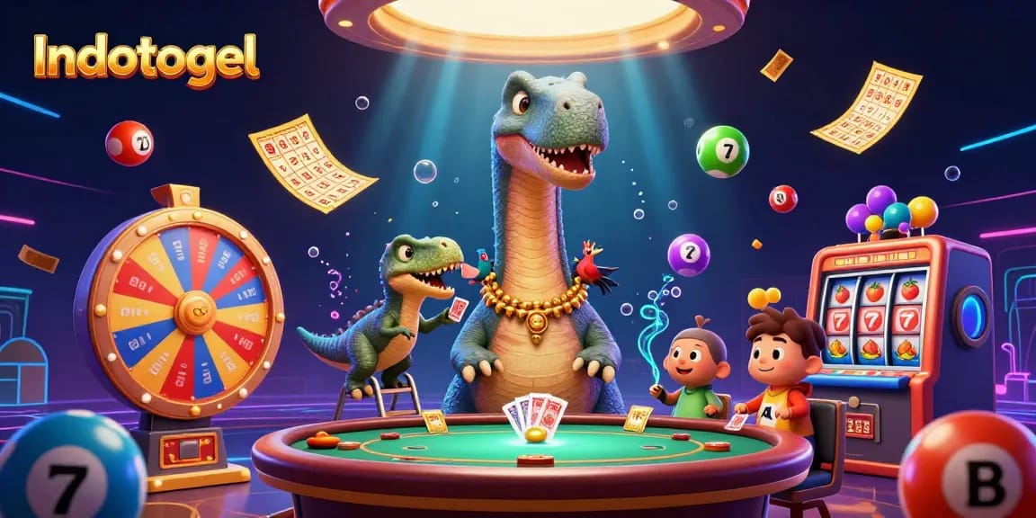 Indotogel features a vibrant 3D casino scene with a brontosaurus and a raptor dealing cards among slot elements.